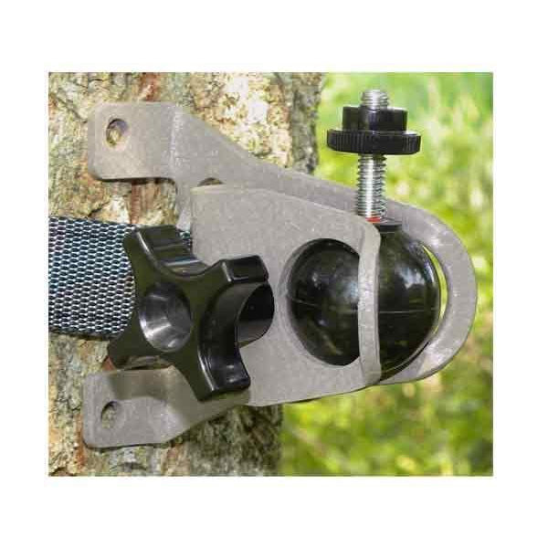 A heavy duty swivel camera mount attached to a tree, designed to mount cameras securely on surfaces such as concrete walls, wooden walls, or ceilings.