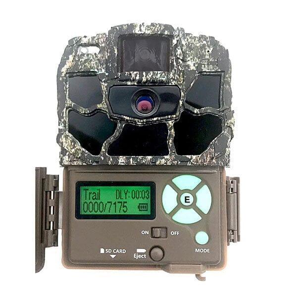 Camouflage trail camera with digital display on a white background