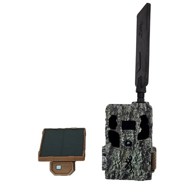 Camouflage hunting camera with solar panel on a white background