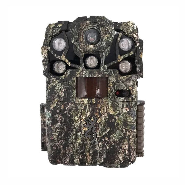 A camouflage Browning trail camera with multiple infrared lights and a display screen
