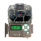Camouflage trail camera with digital display on a white background