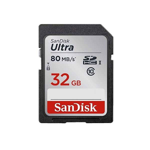 A SanDisk 32GB Ultra SD memory card with a label indicating 80 MB/s speed class and Class 10 performance.