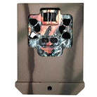 A camouflage-covered steel camera security box designed to protect trail cameras in the field.
