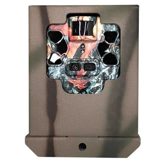 A camouflage-covered steel camera security box designed to protect trail cameras in the field.