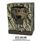 A Browning trail camera with a camouflage exterior and a digital display on the top.