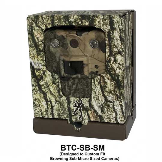 A Browning trail camera with a camouflage exterior and a digital display on the top.