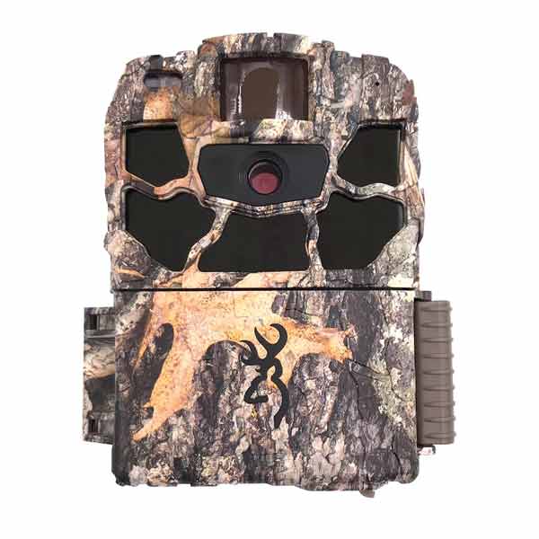 A camouflage-patterned trail camera with a red circle indicating the lens area, featuring the Browning brand logo.