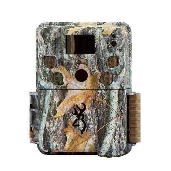 A Browning Strike Force HD Pro trail camera with camouflage pattern.