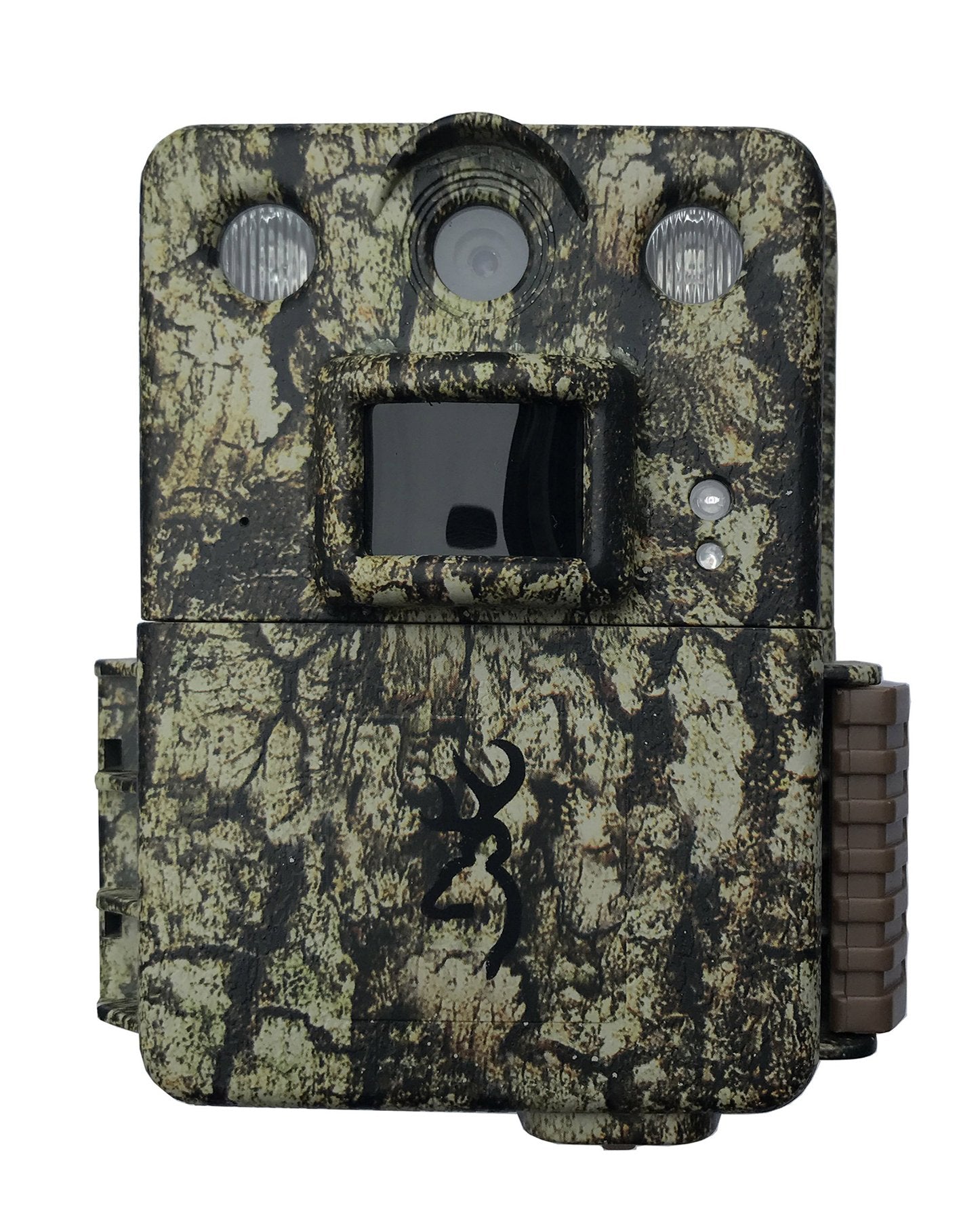 A camouflage-patterned trail camera with a display screen and two lights on the front.