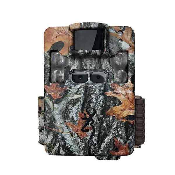 Browning Strike Force Pro XD trail camera in camouflage pattern with dual lens technology.